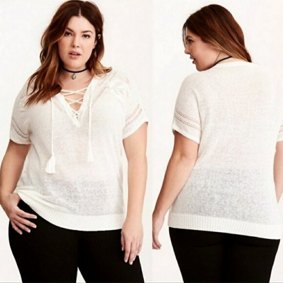 Torrid Linen V-Neck Lace Up Open Knit Light Short Sleeve Sweater Top Size 0X - Picture 1 of 8